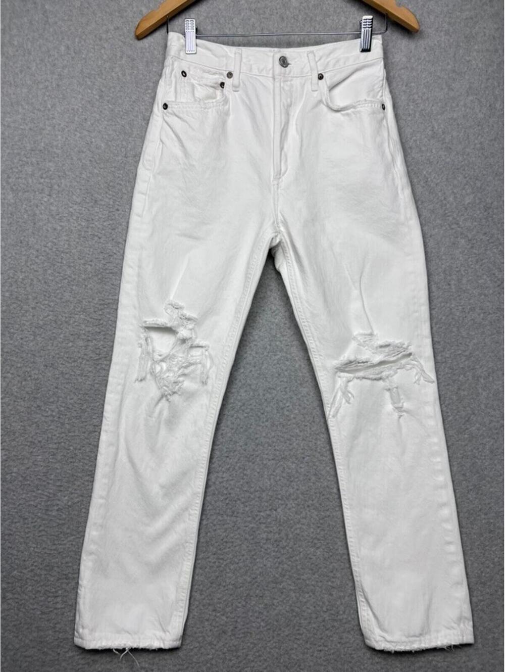 AGOLDE Riley High Rise Straight Crop Jeans White Distress 100% Organic Cotton 25